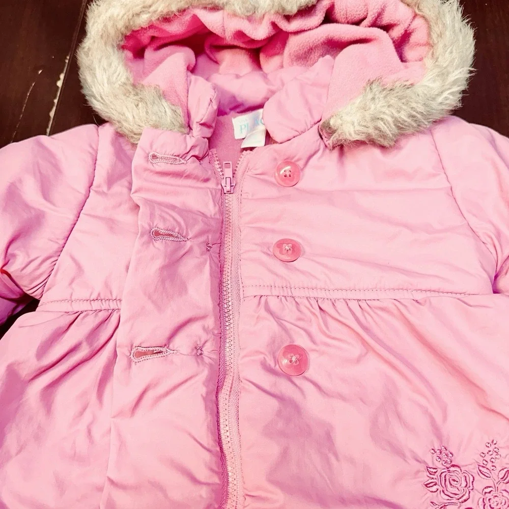 The Children's Place Pink Floral Puffer Coat Faux Fur Hood Girls‎ 6-9 Mo Y2K VGC